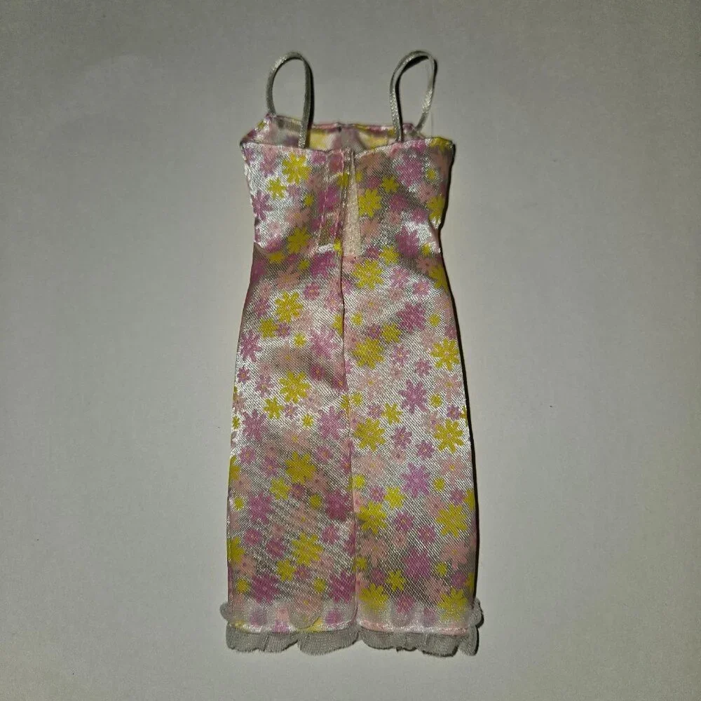 VTG Barbie Pink Yellow Floral Dress Spaghetti Straps Lace Trim